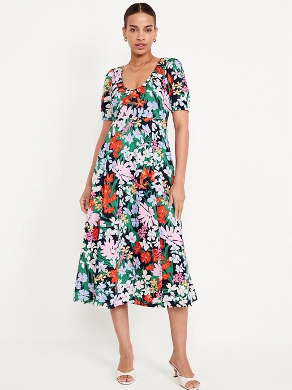 Old Navy Black Floral Puff-Sleeve Midi Swing Cotton Dress